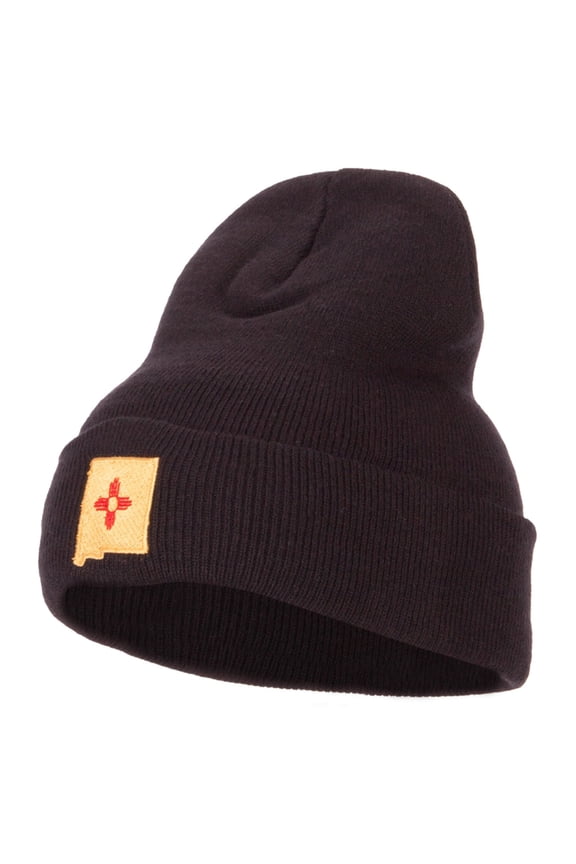 New Mexico Flag Map Embroidered Long Beanie - Black OSFM