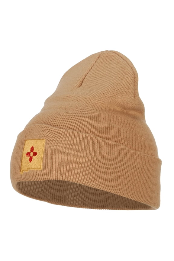 New Mexico Flag Map Embroidered Long Beanie - Khaki OSFM