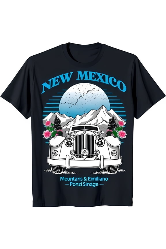 New Mexico Graphic Black T-Shirt with Classic Car & Mountains