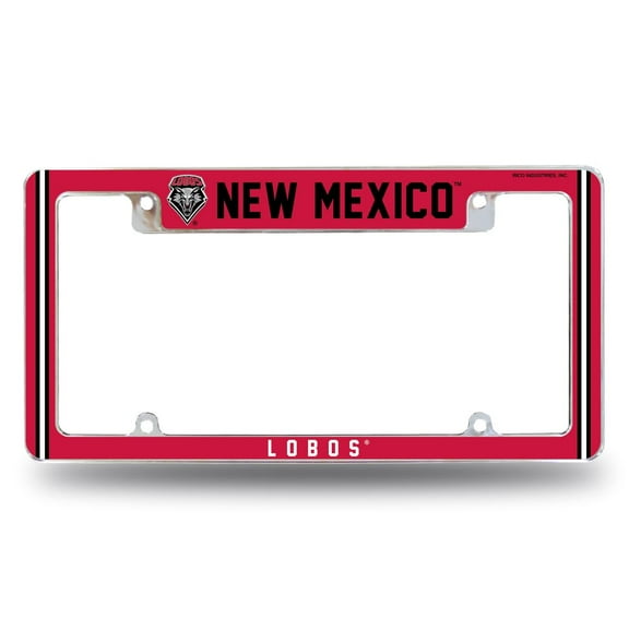 New Mexico NCAA Lobos Chrome Metal License Plate Frame with Full Frame Team Color Graphics