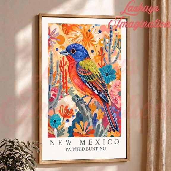 New Mexico Painted Bunting Wall Art Print, Colorful Native Bird Illustration And Southwestern Nature Decor