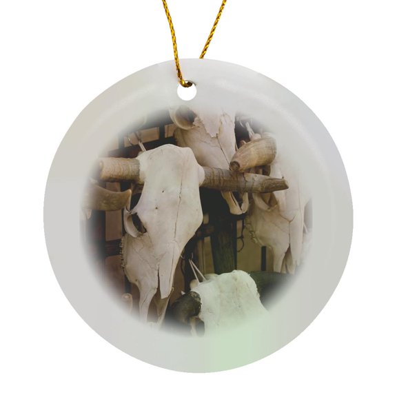 3drose, New Mexico, Santa Fe, Plaza, Cattle Skulls on Display - Us32 Rca0064 - Rob Casey, Circle Porcelain Ornament