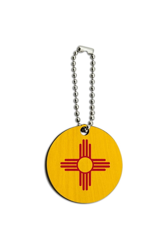New Mexico State Flag Wood Wooden Round Keychain Key Chain Ring