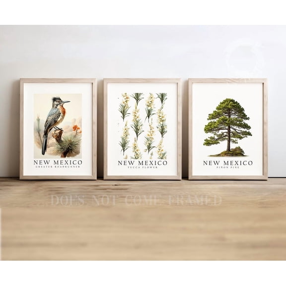 New Mexico State Symbols Prints Roadrunner Yucca Pinyon Pine Set