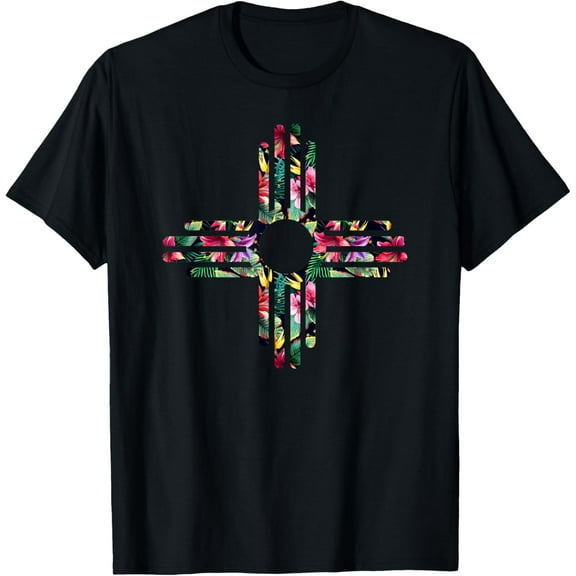 New Mexico State Zia Symbol Floral Print by MCMA T-ShirtMen and women, Black T-shirt, size: Extra large