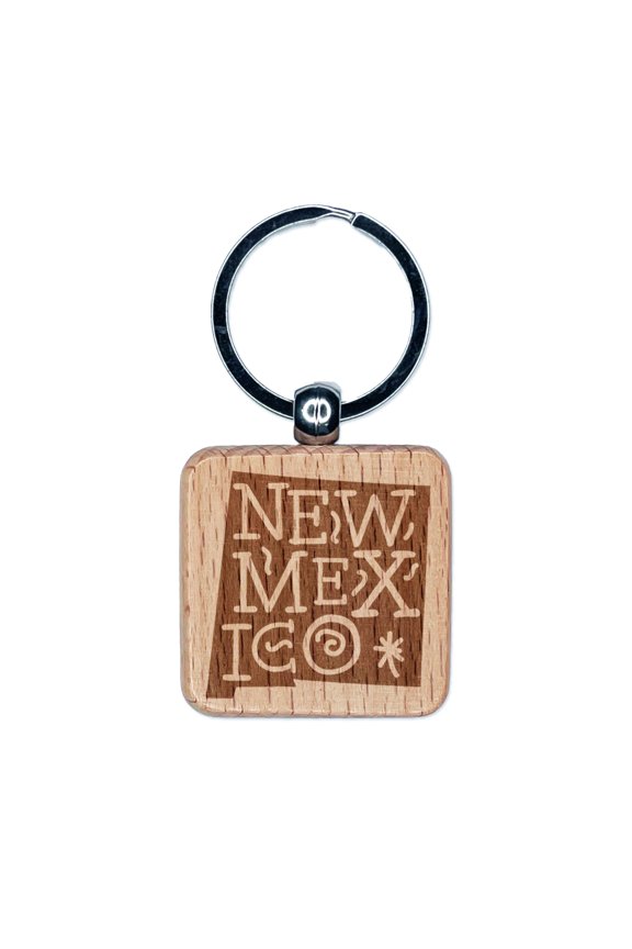 New Mexico State with Text Swirls Square Keychain Charm Tag - Engraved Wood
