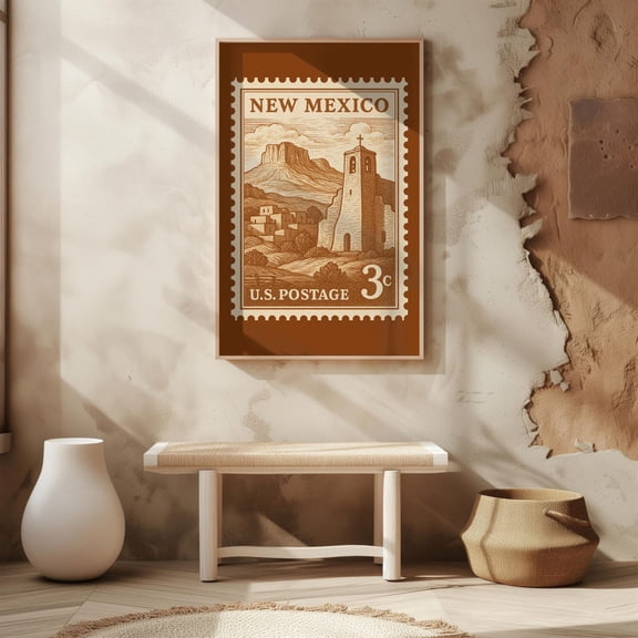 New Mexico Vintage Postage Stamp Poster Retro Southwest Wall Art Desert Mission Landscape Travel Decor, Unframed Poster Size 12x18