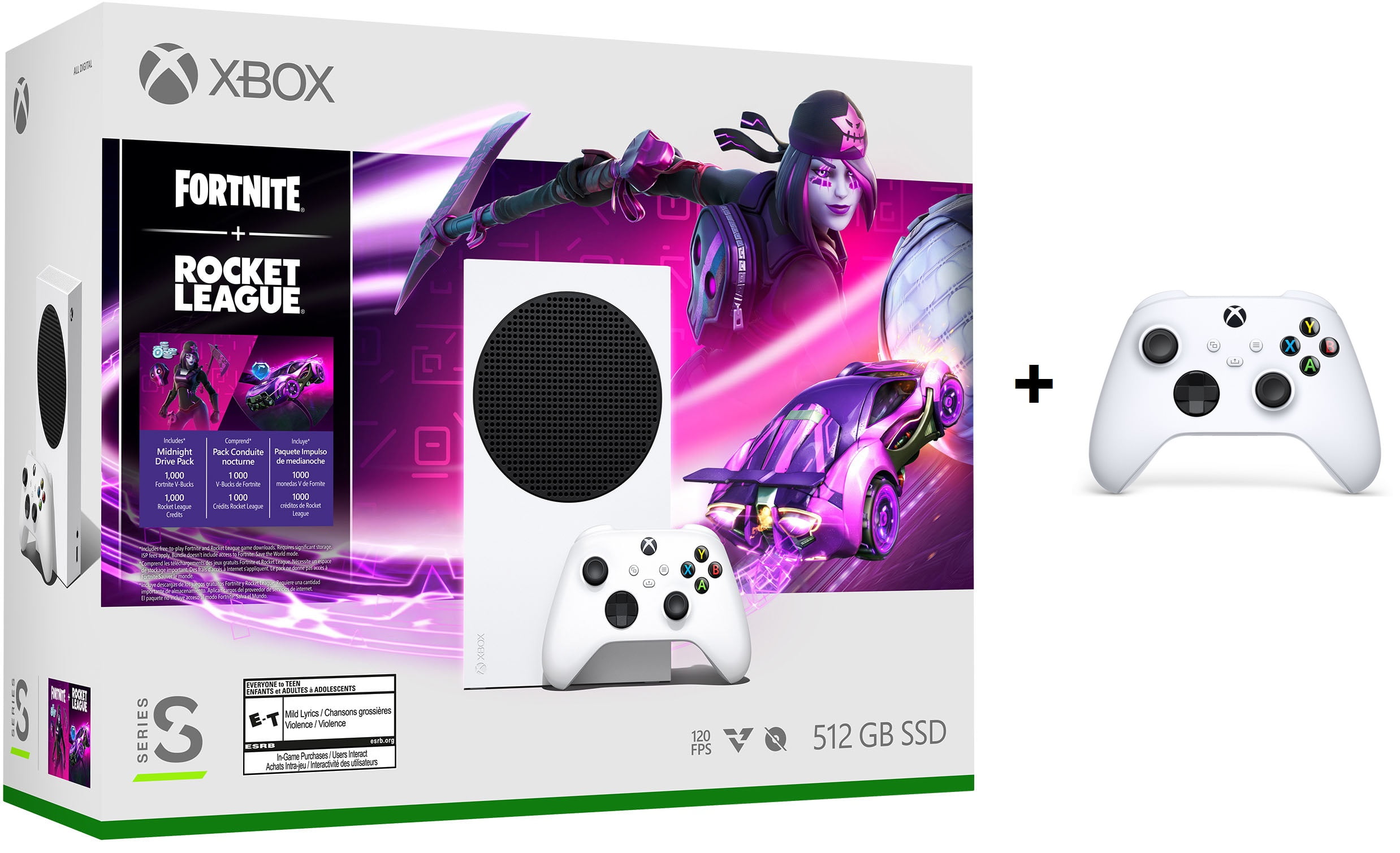 New Microsoft Xbox -Series- -S – Fortnite & Rocket League Bundle  (Disc-free) - White with One Extra White Controller