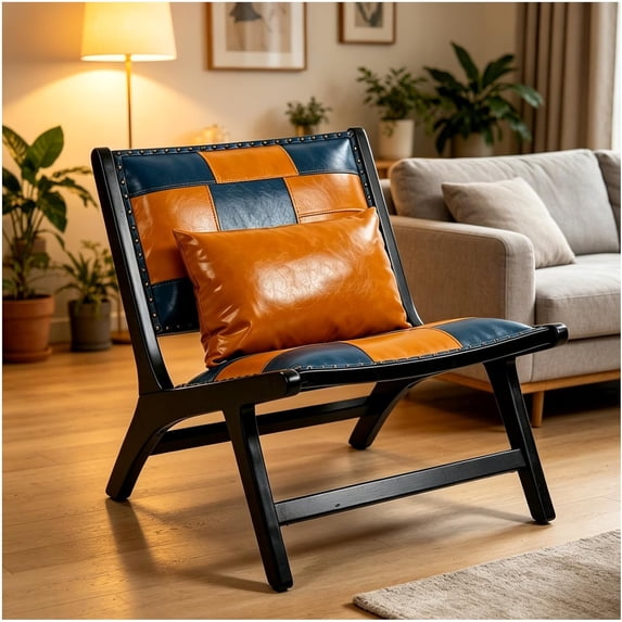 New Mid Century PU Leather Side Chair – Blue Boho Accent Chair, Solid Wood Frame, for Living Room, Bedroom or Patio