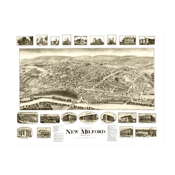 New Milford Art, 1906 Vintage Map of New Milford Connecticut, CT History Wall Decor Gift, Old New Milford Map - 36" x 24" Unframed Print