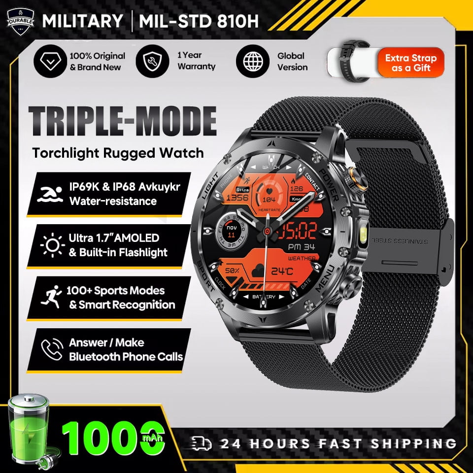 New Military T-Rex 3 Ultra 1000mAh Battery Smart Watch 5ATM Waterproof Flashlight Sports tracker Smartwatch Men