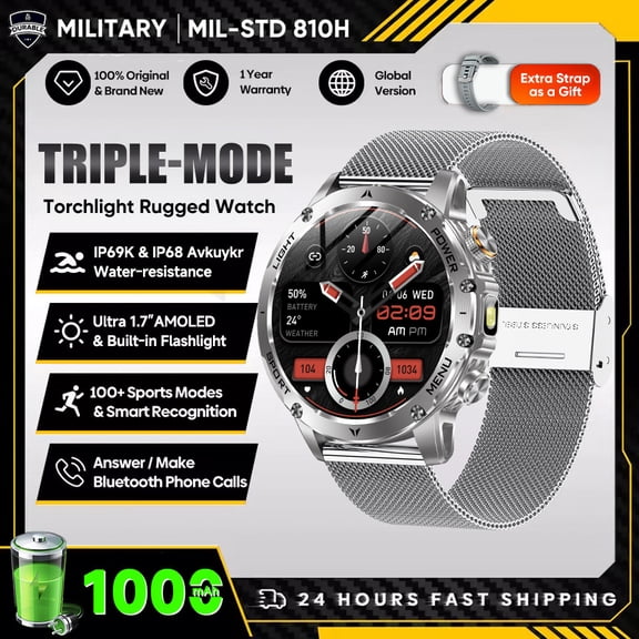 New Military T-Rex 3 Ultra 1000mAh Battery Smart Watch 5ATM Waterproof Flashlight Sports tracker Smartwatch Men