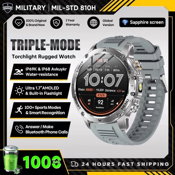 New Military T-Rex 3 Ultra 1000mAh Battery Smart Watch 5ATM Waterproof Flashlight  Sports tracker Smartwatch Men