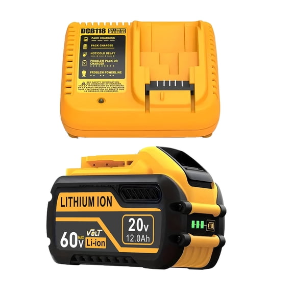 (1PACKS BATTERY+1CHARGER)New Model 20V/60V 12Ah Lithium Battery Replace for DW 60V Battery Compatible with 20V/60V MAX Cordless Power Tools