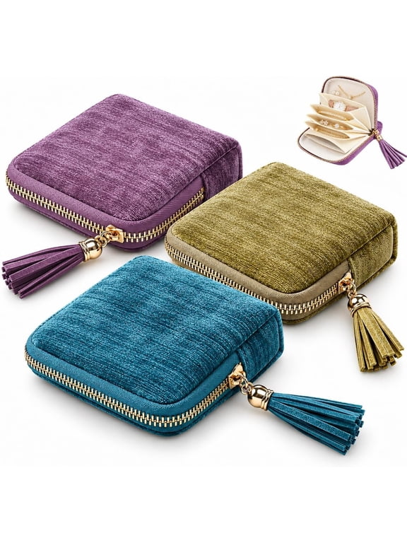 3pcs New Model Jewelry Zipper Pouch, Soft Velvet Jewelry Case with Tassel, 6 Individual Pockets for Travel Jewelry Organizer