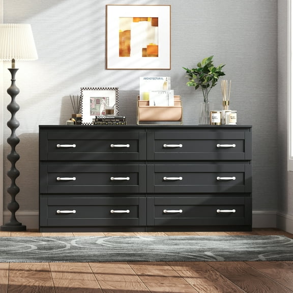 New Modern Black Side Cabinet With 6 Drawers , Wood Chest Of Drawers With Metal Handle, Storage Organizer For Living Room , Bedroom Or Hallway, Black