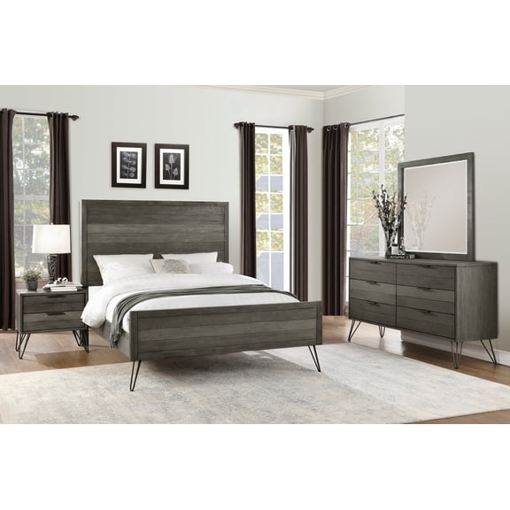 New Modern Contemporary Bedroom 5pc Set King Size Bed Nightstands Dresser Mirror Gray Finish