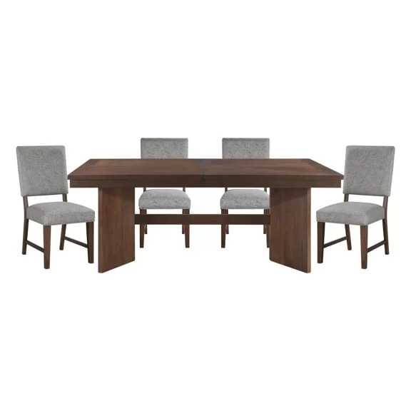 New Modern Design 5pc Dining Set Expandable Table Upholstered 4x Chairs Set Walnut Finish Wooden Furniture