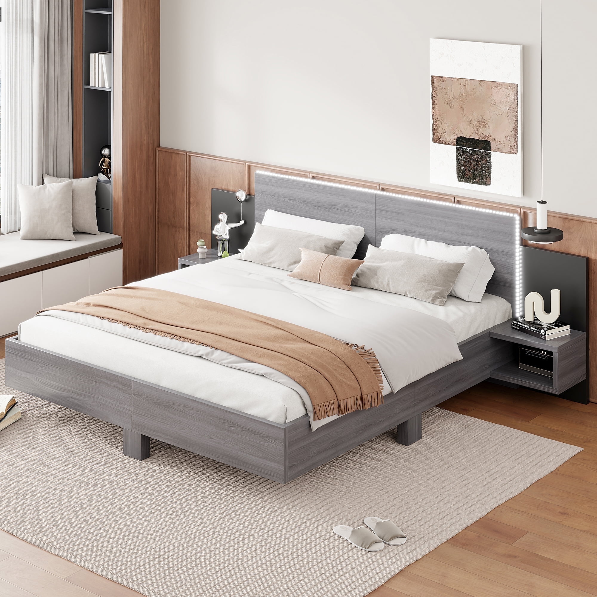 New Modern King Size Wooden Bed – LED-Enhanced Floating Platform w ...