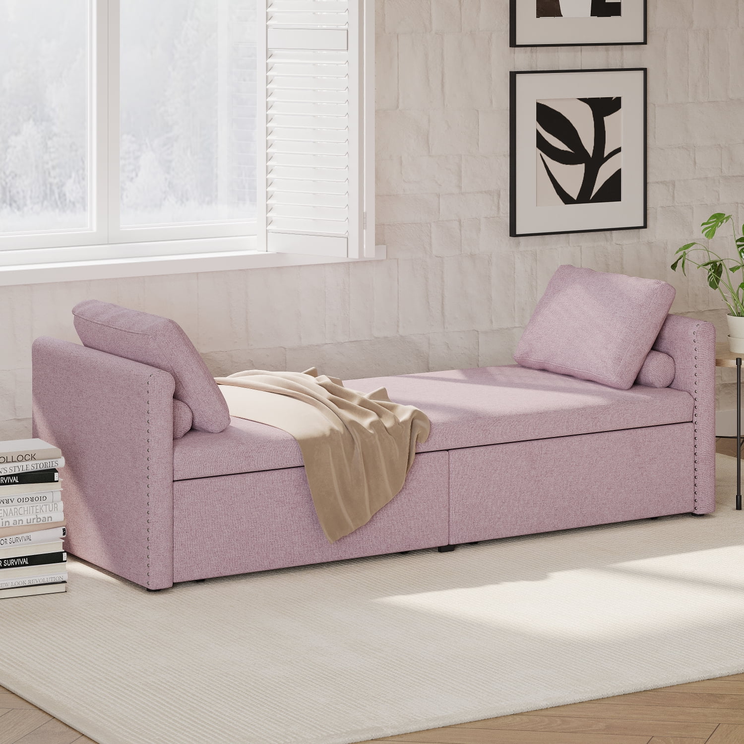 Pink Linen Upholstered Chaise Lounger Daybed with Storage Drawers