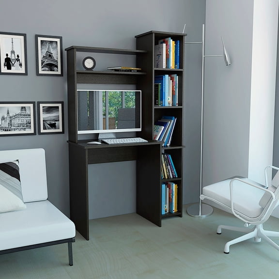 New Modern Writing Desk with 6-Tier Shelves & Hutch - Engineered Wood Computer Desk for Small Spaces, Black Ergonomic Home Office Desk with Spacious Monitor Area & 27.8" Legroom