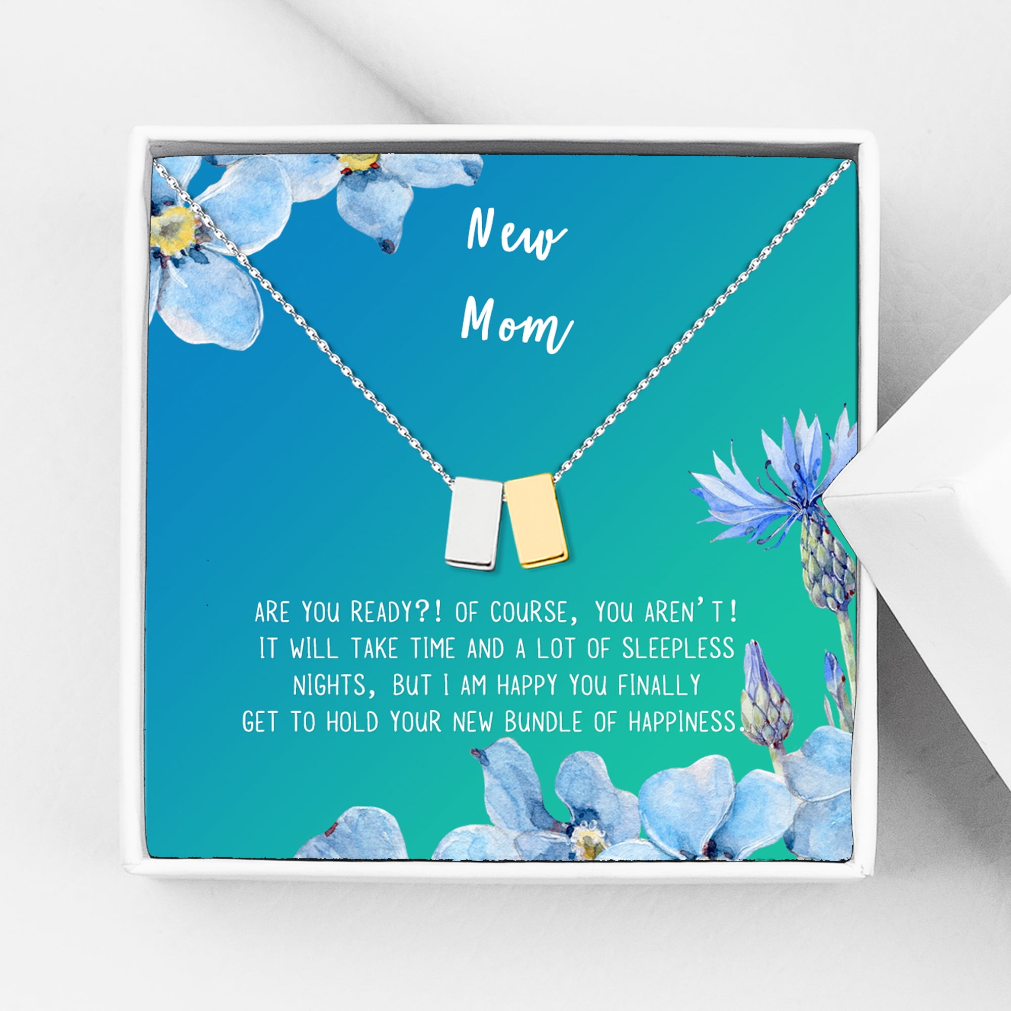 New Mom Mother's Day Gift, Jewelry For New Mom, Gift for Her, Mother's Day Necklace and Card, Stainless Steel Necklace and Card [Silver and Gold Cube,Blue-Green Gradient]