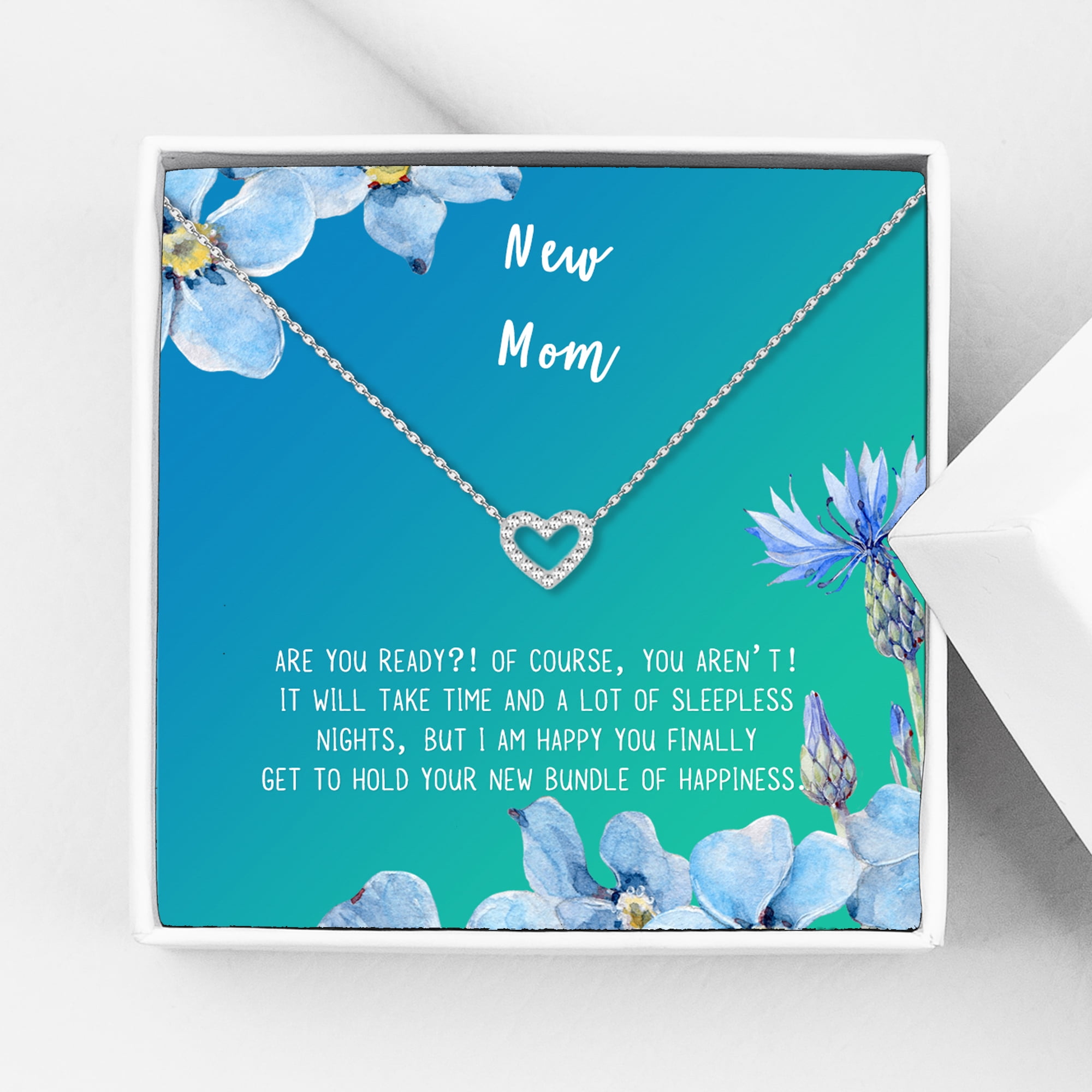New Mom Mother's Day Gift, Jewelry For New Mom, Gift for Her, Mother's Day Necklace and Card, Stainless Steel Necklace and Card [Silver Heart,Blue-Green Gradient]