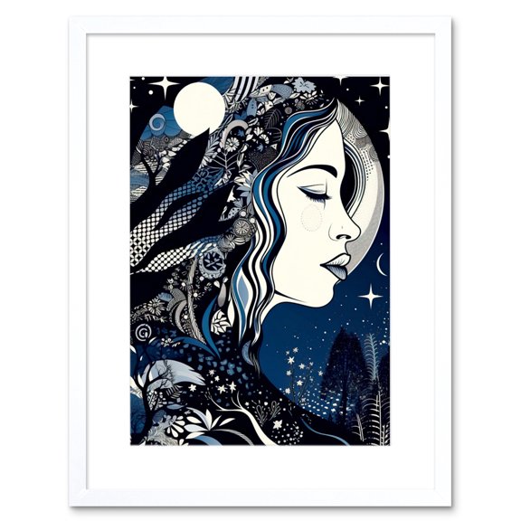New Moon Goddess Winter Moonlit Witchy Forest Starry Night Mother Nature Boho Patterns Artwork Framed Wall Art Print 9X7 Inch