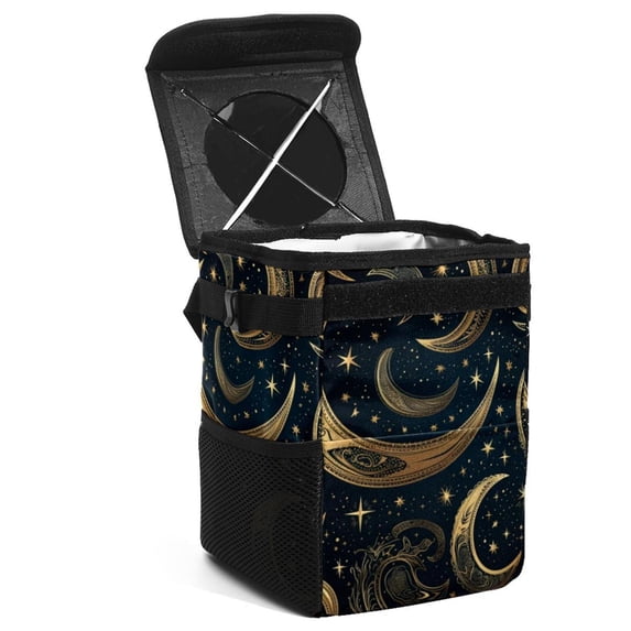 New Moon Symbol Mini Trash Can for Car: Foldable with Lid, Leak-Proof and Hanging Storage Bag