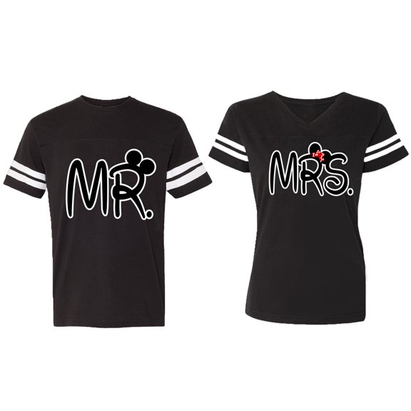 New Mr Mrs Matching Couple Cotton Jerseys (Men Black / Women Black) (Men M / Women XXL)