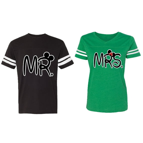 New Mr Mrs Matching Couple Cotton Jerseys (Men Black / Women Green) (Men XXL / Women M)