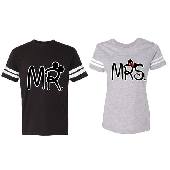 New Mr Mrs Matching Couple Cotton Jerseys (Men Black / Women Heather) (Men XL / Women L)