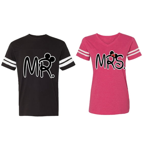 New Mr Mrs Matching Couple Cotton Jerseys (Men Black / Women Pink) (Men XL / Women XXL)