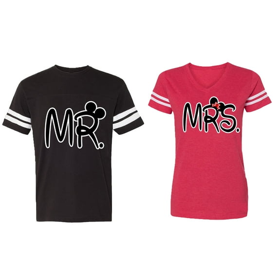New Mr Mrs Matching Couple Cotton Jerseys (Men Black / Women Red) (Men XXL / Women M)