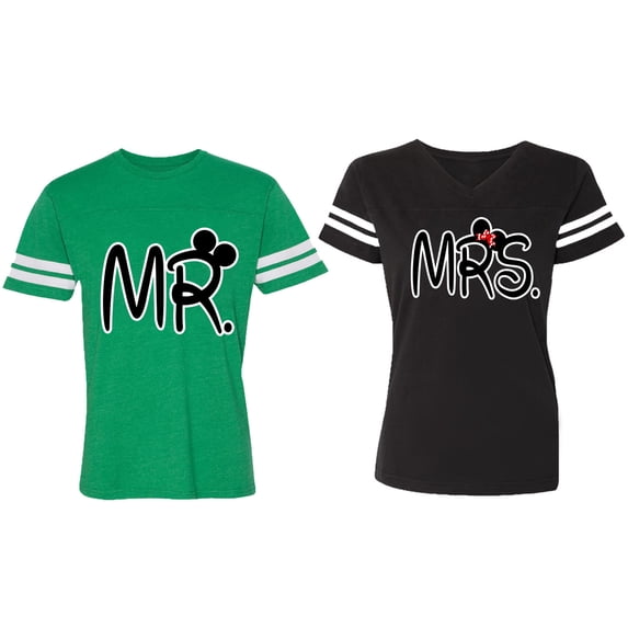 New Mr Mrs Matching Couple Cotton Jerseys (Men Green / Women Black) (Men M / Women S)