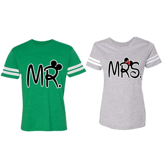 New Mr Mrs Matching Couple Cotton Jerseys (Men Green / Women Heather) (Men XL / Women M)