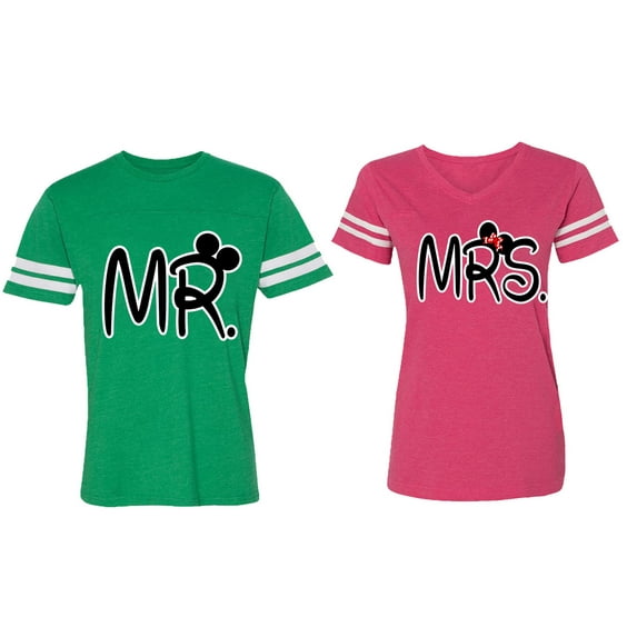 New Mr Mrs Matching Couple Cotton Jerseys (Men Green / Women Pink) (Men XL / Women L)