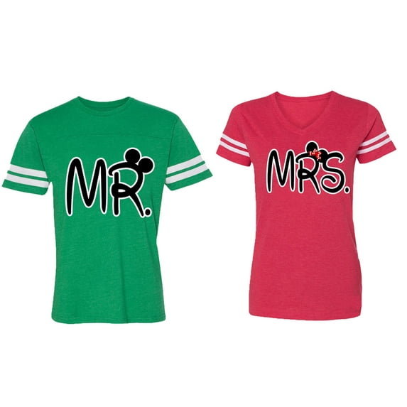 New Mr Mrs Matching Couple Cotton Jerseys (Men Green / Women Red) (Men XXL / Women M)