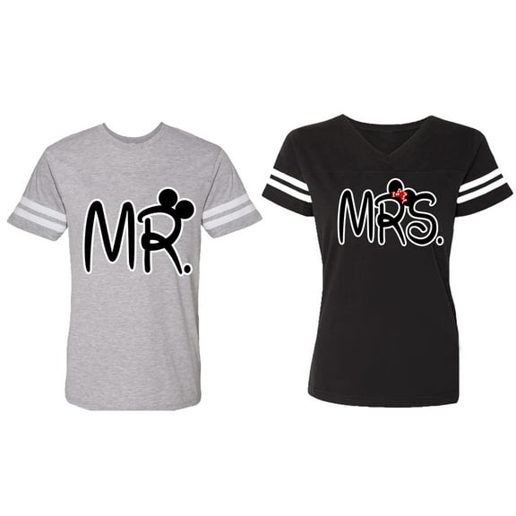 New Mr Mrs Matching Couple Cotton Jerseys (Men Heather / Women Black) (Men XL / Women XL)