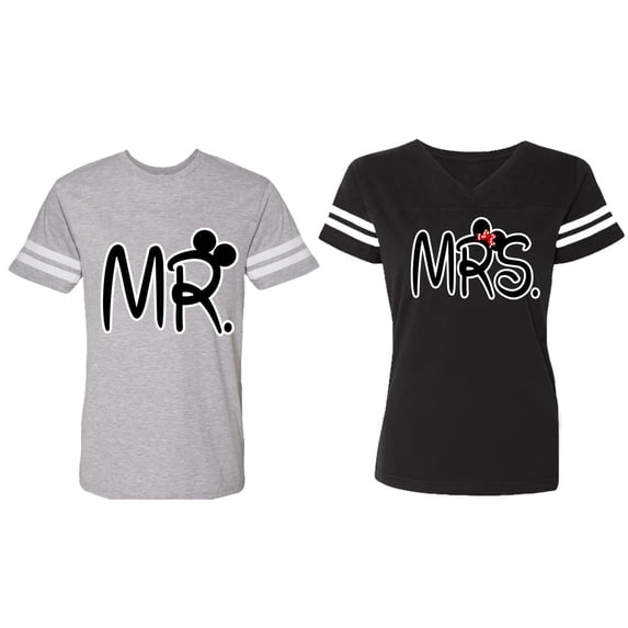 New Mr Mrs Matching Couple Cotton Jerseys (Men Heather / Women Black) (Men XXXL / Women XXL)