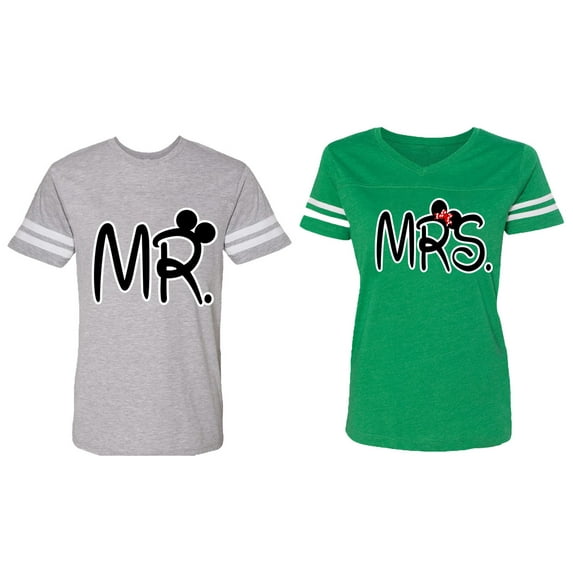 New Mr Mrs Matching Couple Cotton Jerseys (Men Heather / Women Green) (Men XL / Women M)