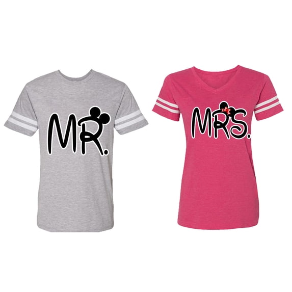 New Mr Mrs Matching Couple Cotton Jerseys (Men Heather / Women Pink) (Men M / Women S)
