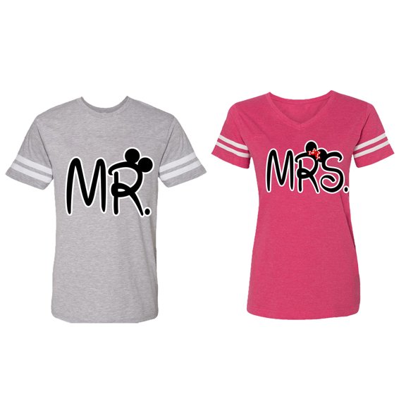 New Mr Mrs Matching Couple Cotton Jerseys (Men Heather / Women Pink) (Men XL / Women XL)