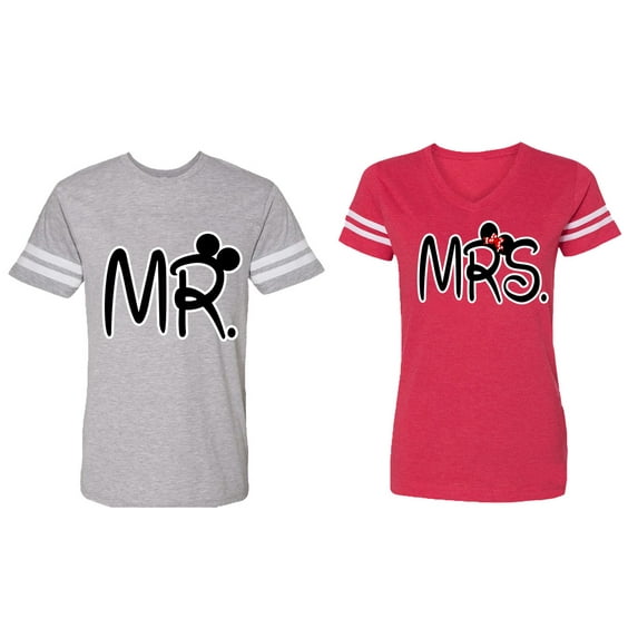 New Mr Mrs Matching Couple Cotton Jerseys (Men Heather / Women Red) (Men M / Women S)