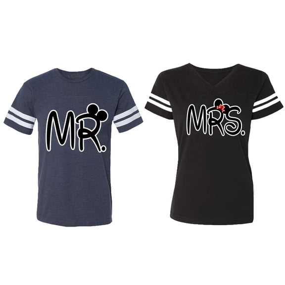 New Mr Mrs Matching Couple Cotton Jerseys (Men Navy / Women Black) (Men XXL / Women M)