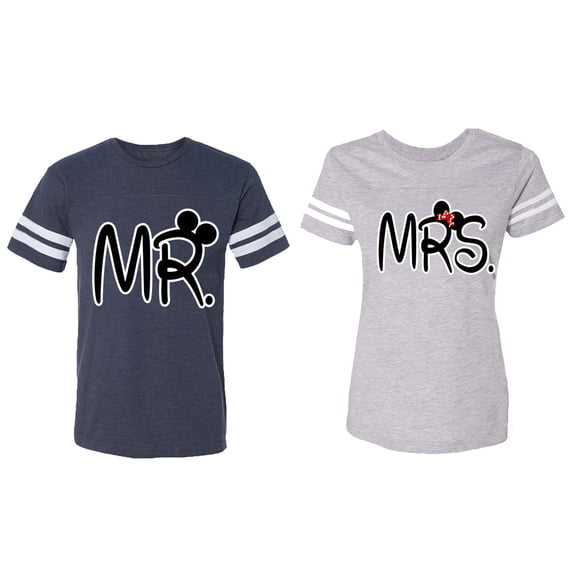 New Mr Mrs Matching Couple Cotton Jerseys (Men Navy / Women Heather) (Men XXL / Women S)
