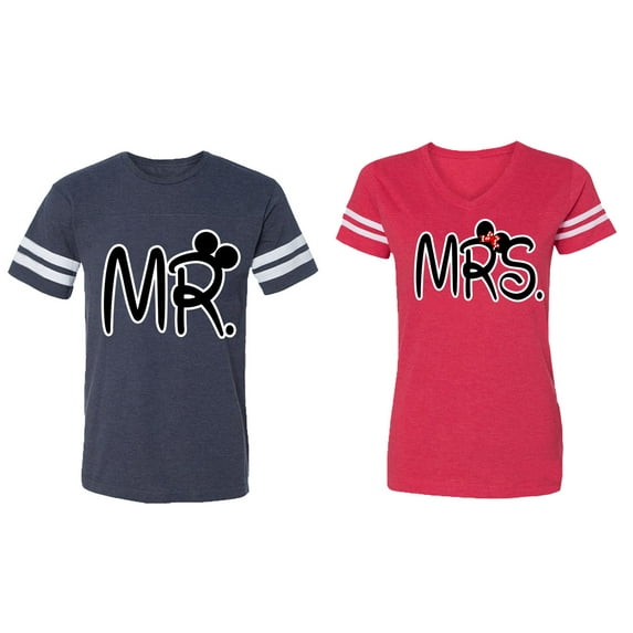 New Mr Mrs Matching Couple Cotton Jerseys (Men Navy / Women Red) (Men M / Women M)