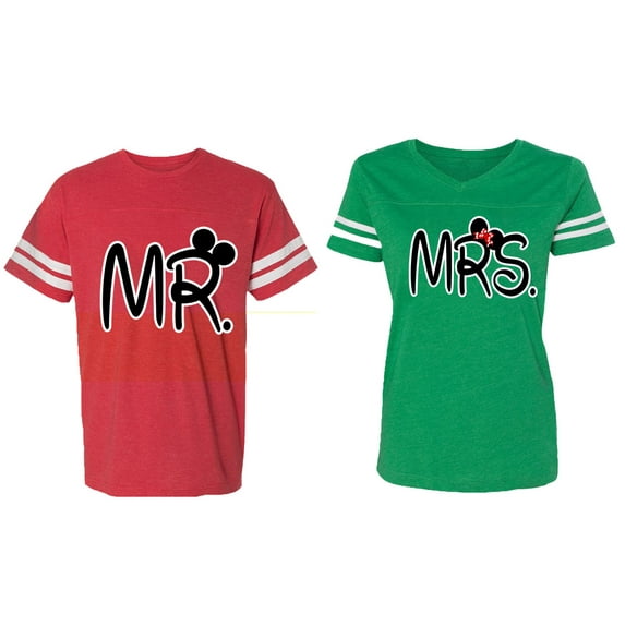 New Mr Mrs Matching Couple Cotton Jerseys (Men Red / Women Green) (Men L / Women S)