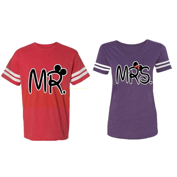 New Mr Mrs Matching Couple Cotton Jerseys (Men Red / Women Purple) (Men M / Women XL)