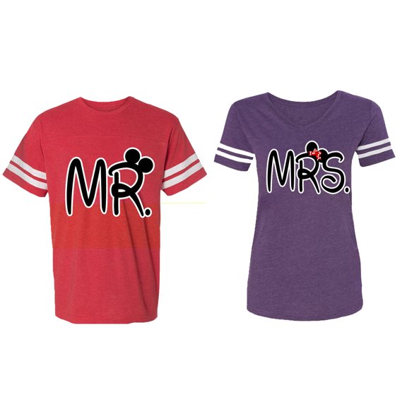 New Mr Mrs Matching Couple Cotton Jerseys (Men Red / Women Purple) (Men M / Women XXL)